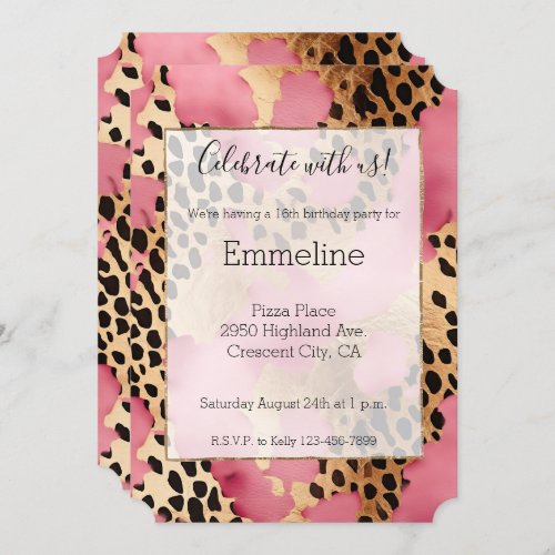 Girly Pink Glam Black Gold Leopard Invitation