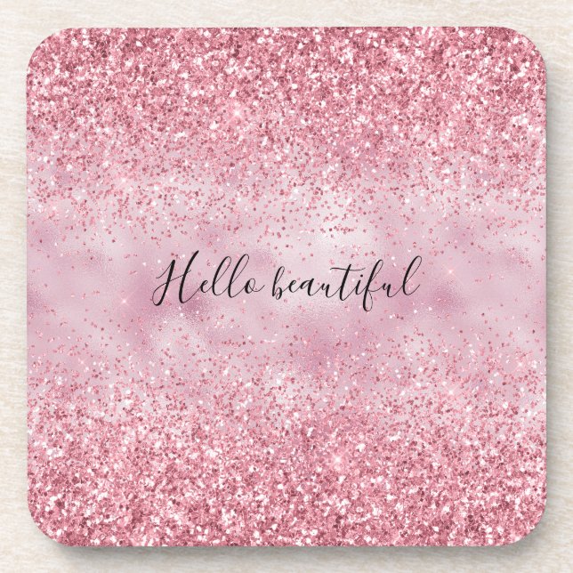 Girly Pink Glam Glitter sparkle Beverage Coaster (Front)