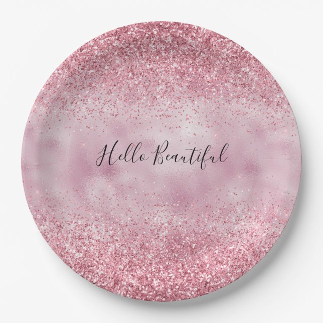 Girly Pink Glam Glitter sparkle Paper Plates (Front)