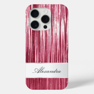 Girly Pink Glam Glitzy Tinsel Stripes  iPhone 15 Pro Case
