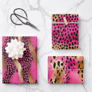 Girly Pink Glam Gold Leopard Animal Print Wrapping Paper Sheets