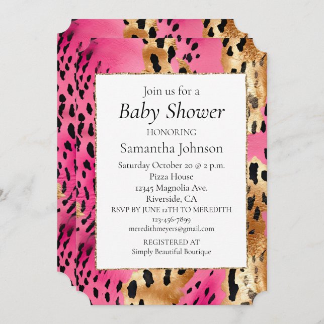 Girly Pink Glam Gold Leopard Baby Shower Invitation (Front/Back)