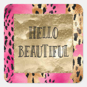 Girly Pink Glam Gold Leopard Hello Beautiful Square Sticker