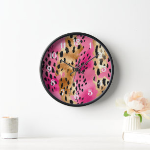 Girly Pink Glam Gold Leopard Print abstract Clock