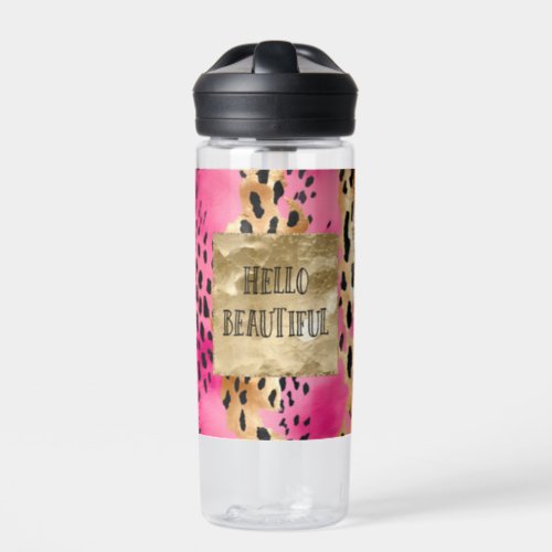 Girly Pink Glam Gold Leopard Print abstract Water Bottle