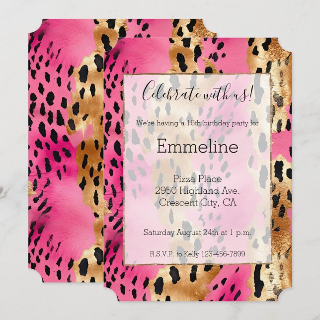 Girly Pink Glam Gold Leopard Print Invitation (Front/Back)