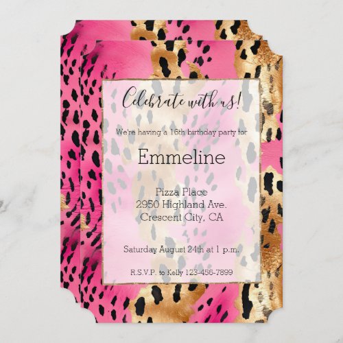 Girly Pink Glam Gold Leopard Print Invitation