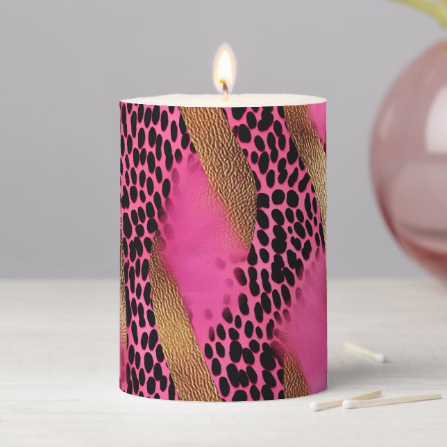 Girly Pink Glam Gold Leopard Print Pillar Candle (In Situ)