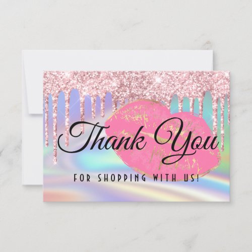 Girly Pink Glam Kiss Lips Faux Holographic Rainbow Thank You Card