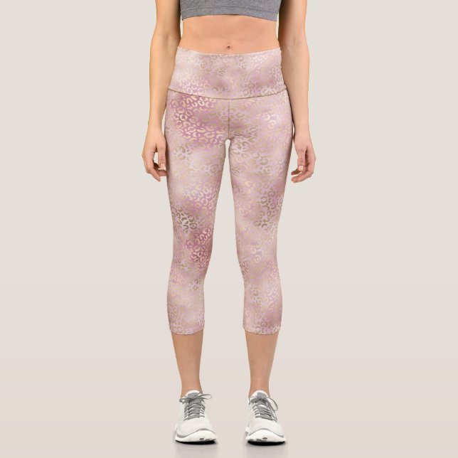 Girly Pink Glam Leopard Print Capri Leggings (Front)