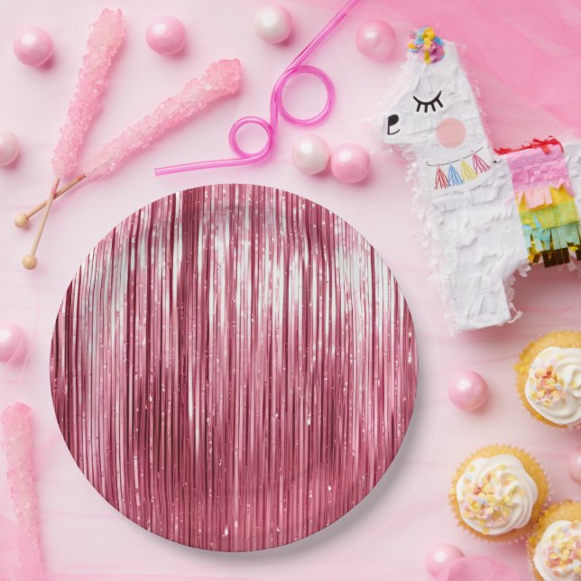 Girly Pink Glam Tinsel Stripes  Paper Plates (Party)