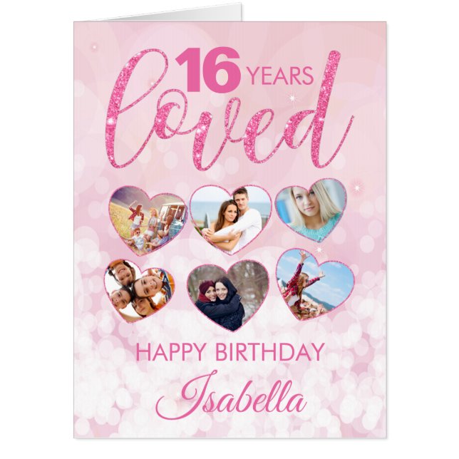 Girly Pink Glitter 16th Birthday Photo Collage BIG Card (Front)