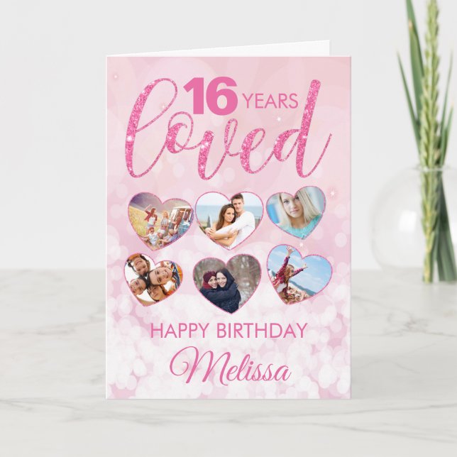 Girly Pink Glitter 16th Birthday Photo Collage Card (Front)