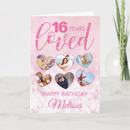 Girly Pink Glitter 16th Birthday Photo Collage Card