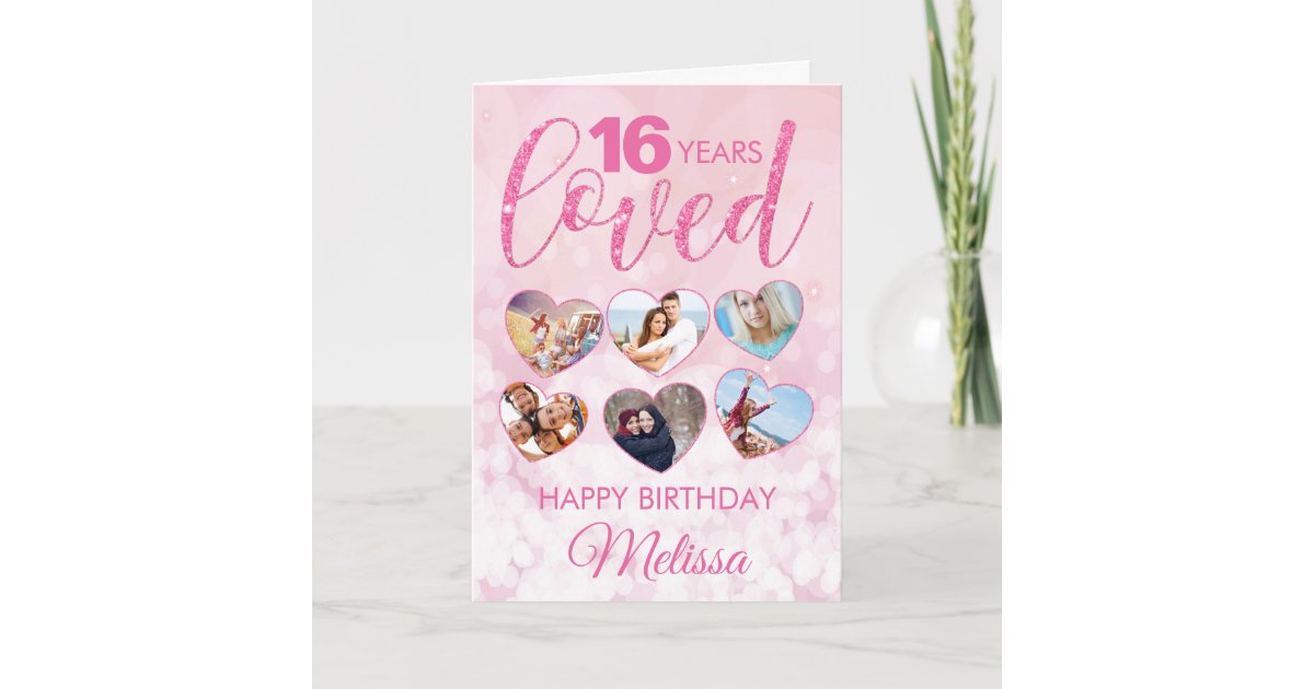 Girly Pink Glitter 16th Birthday Photo Collage Card Zazzle