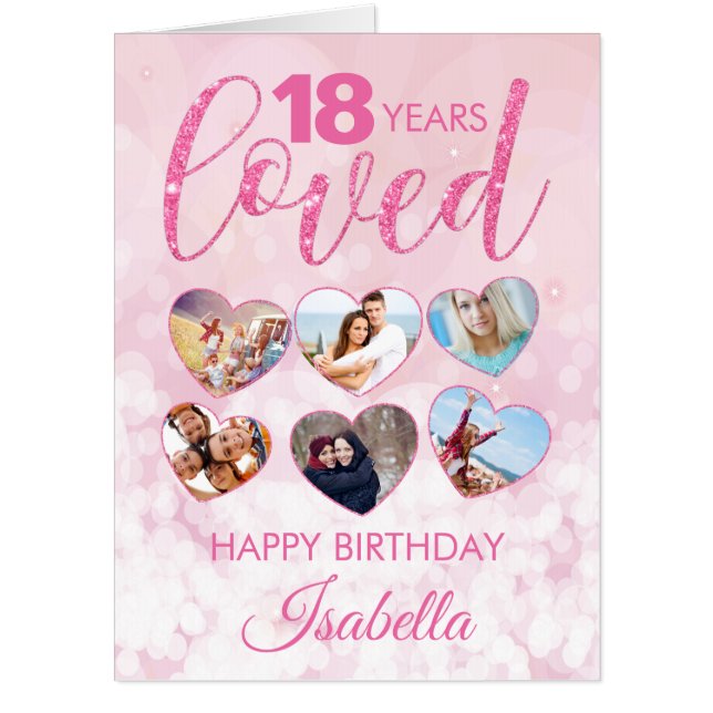 Girly Pink Glitter 18th Birthday Photo Collage BIG Card (Front)