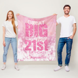 Girly Pink Glitter 21st Birthday Fleece Blanket