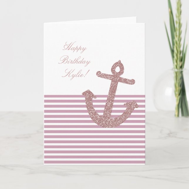 Girly Pink Glitter Anchor Birthday Card (Front)