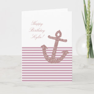 Girly Pink Glitter Anchor Birthday Card