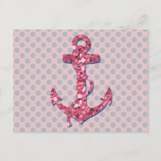GIRLY PINK GLITTER ANCHOR DOTS PATTERN POSTCARD
