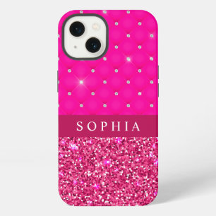 Girly Pink Glitter and Diamonds Personalized iPhone 13 Case