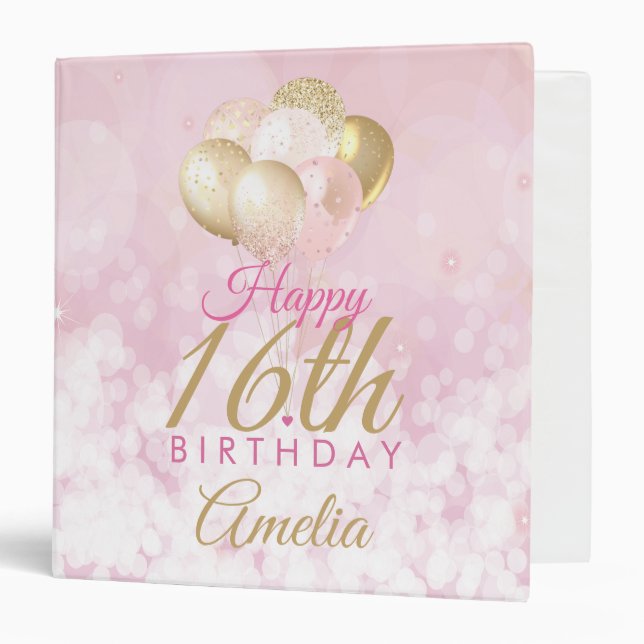 Girly Pink Glitter Balloons 16th birthday 3 Ring Binder (Front/Inside)