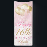 Girly Pink Glitter Balloons 16th Birthday Banner<br><div class="desc">A gorgeous blush pink and glitter balloon happy 16th birthday banner. This feminine design is the perfect way to wish someone a happy 16th birthday (or any age!) Personalize with our own custom name. Pink and gold colored typography on a bubble effect girly background. This would be perfect for a...</div>