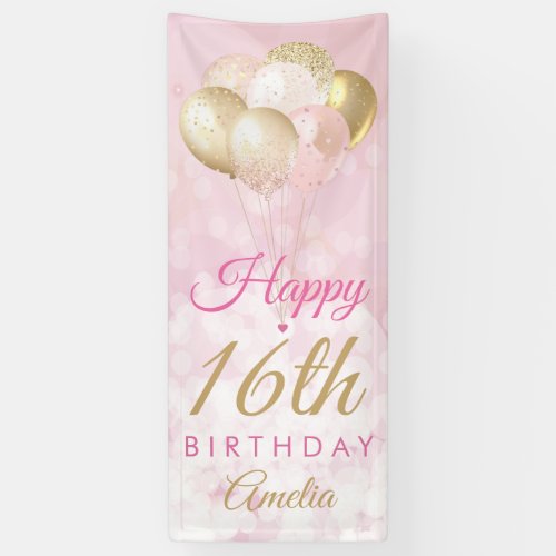 Girly Pink Glitter Balloons 16th Birthday Banner