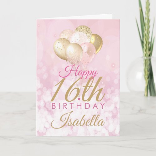 Girly Pink Glitter Balloons 16th Birthday Card