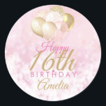 Girly Pink Glitter Balloons 16th Birthday Classic Round Sticker<br><div class="desc">A gorgeous blush pink and glitter balloon happy 16th birthday party sticker. This feminine design is the perfect way to wish someone a happy 16th birthday (or any age!) Personalize with our own custom name. Pink and gold colored typography on a bubble effect girly background.</div>