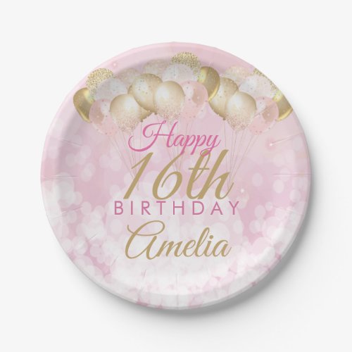 Girly Pink Glitter Balloons 16th Birthday Paper Plates