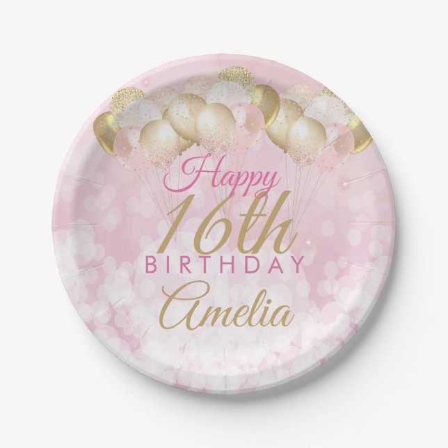 Girly Pink Glitter Balloons 16th Birthday Paper Plates (Front)