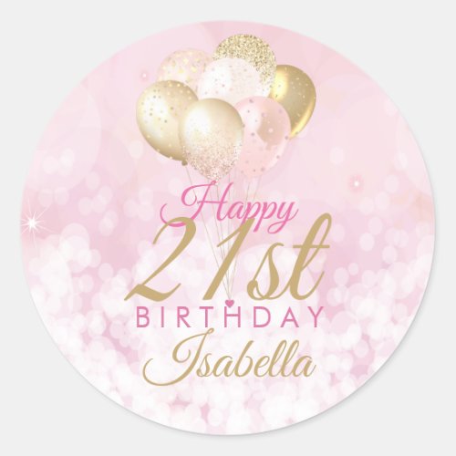 Girly Pink Glitter Balloons 21st Birthday Classic Round Sticker