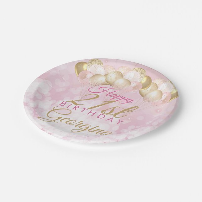 Girly Pink Glitter Balloons 21st Birthday Paper Plates (Angled)