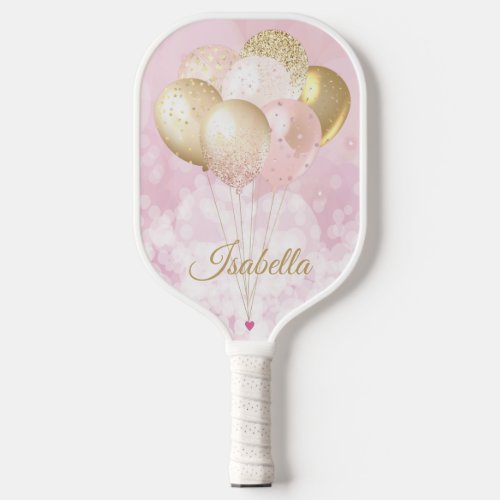 Girly Pink Glitter Balloons Pickleball Paddle