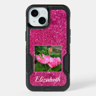 Girly Pink Glitter Beautiful Floral Photo Name iPhone 15 Case