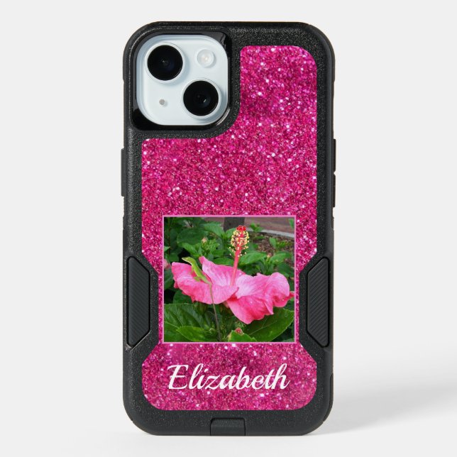 Girly Pink Glitter Beautiful Floral Photo Name iPhone 15 Case (Back)