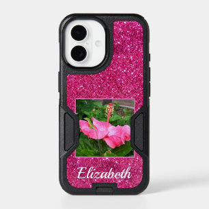 Girly Pink Glitter Beautiful Floral Photo Name iPhone 17 Case