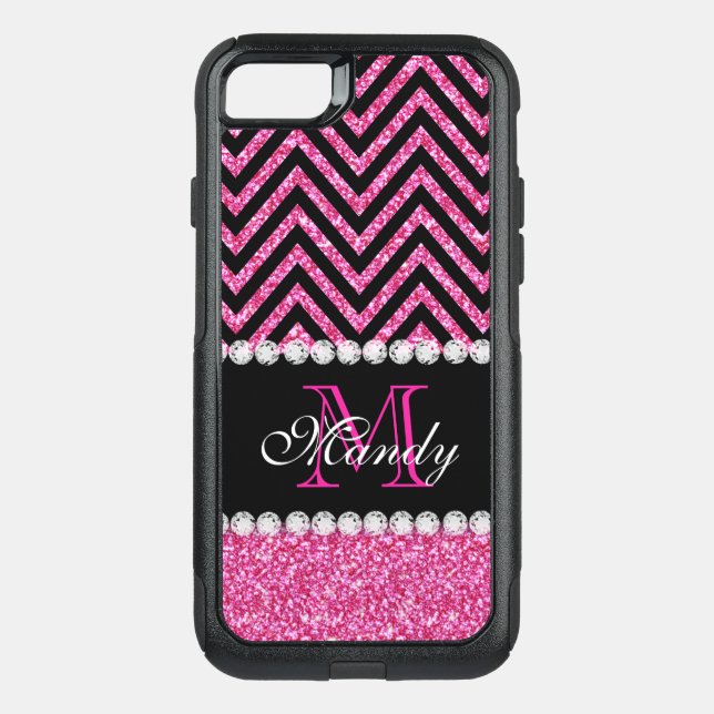 Girly Pink Glitter Black Chevron Monogrammed Otterbox iPhone Case (Back)