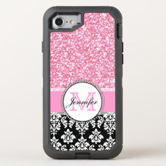Girly, Pink, Glitter Black Damask OtterBox Defender iPhone SE/8/7 Case