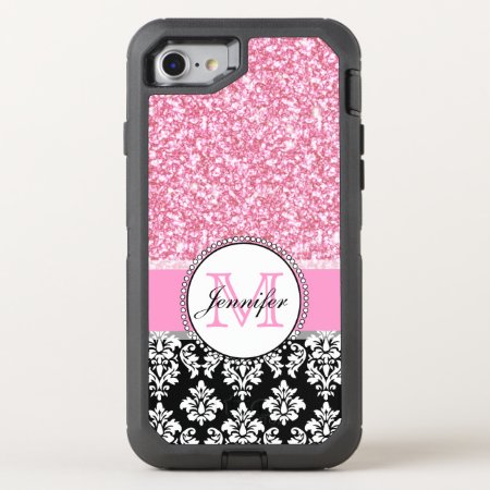 Girly, Pink, Glitter Black Damask Otterbox Defender Iphone Se/8/7 Case