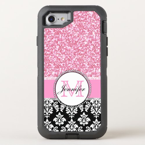 Girly Pink Glitter Black Damask OtterBox Defender iPhone SE87 Case