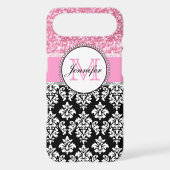 Girly, Pink, Glitter Black Damask Personalized Case-Mate iPhone Case (Back)