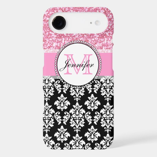 Girly, Pink, Glitter Black Damask Personalized Case-Mate iPhone Case (Back)