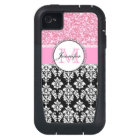 Girly, Pink, Glitter Black Damask Personalized