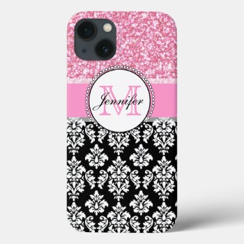 Girly  Pink  Glitter Black Damask Personalized Iphone 13 Case by DamaskGallery at Zazzle