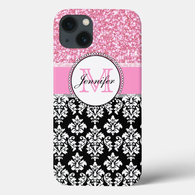 Girly, Pink, Glitter Black Damask Personalized Case-Mate iPhone Case (Back)