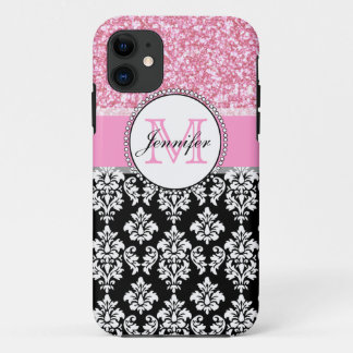 Girly, Pink, Glitter Black Damask Personalized iPhone 11 Case