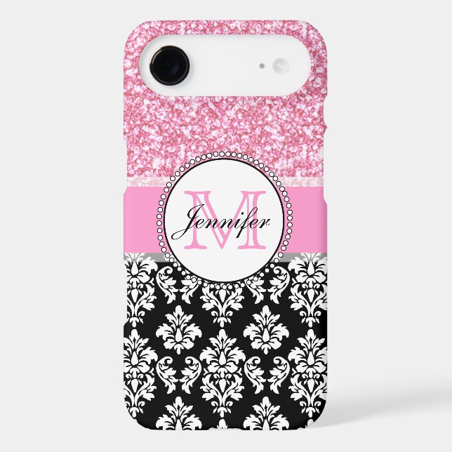 Girly, Pink, Glitter Black Damask Personalized Case-Mate Samsung Galaxy Case (Back)