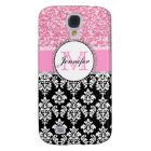 Girly, Pink, Glitter Black Damask Personalized
